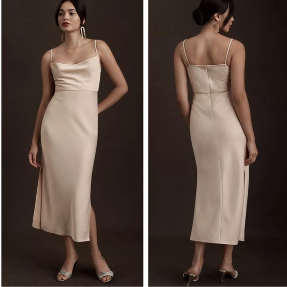 BHLDN Anthropologie Cali Satin Cowl Neck Midi Slip Dress NEW Oyster Beige Size 4
